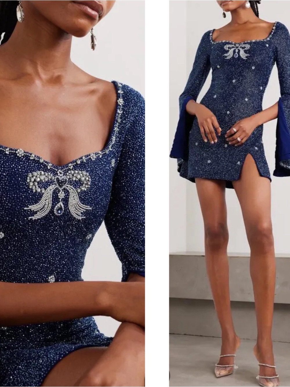 CLIO PEPPIATT Pendant Embellished Crystal Long Sleeve Blue Mini Dress Size Small
